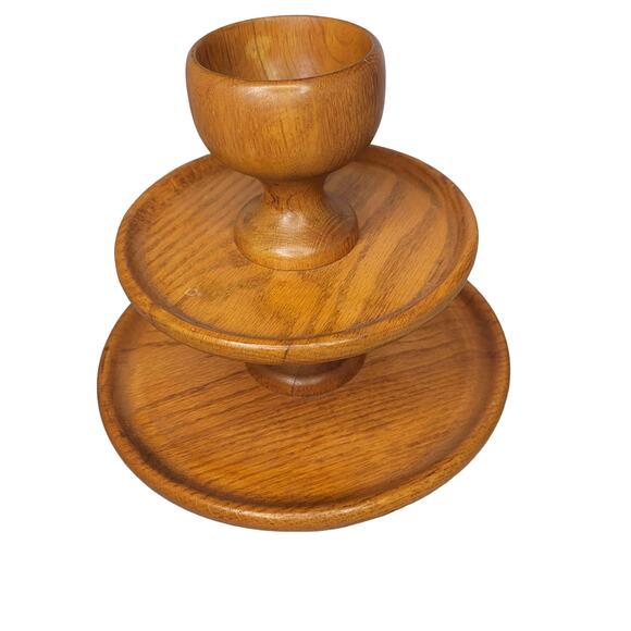 3 tier wood snack tray cheese MCM party Teak Vintage One Piece Centerpiece - Picture 2 of 6